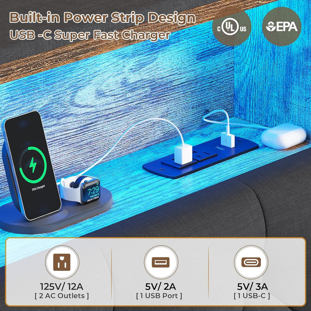 Twin Size Bed Frame with Hidden Storage Headboard and 4 Drawers, Upholstered Platform Bed Twin with LED Lights & Charging Station, No Box Spring Needed, Noise-Free, Dark Grey - Grand Goldman