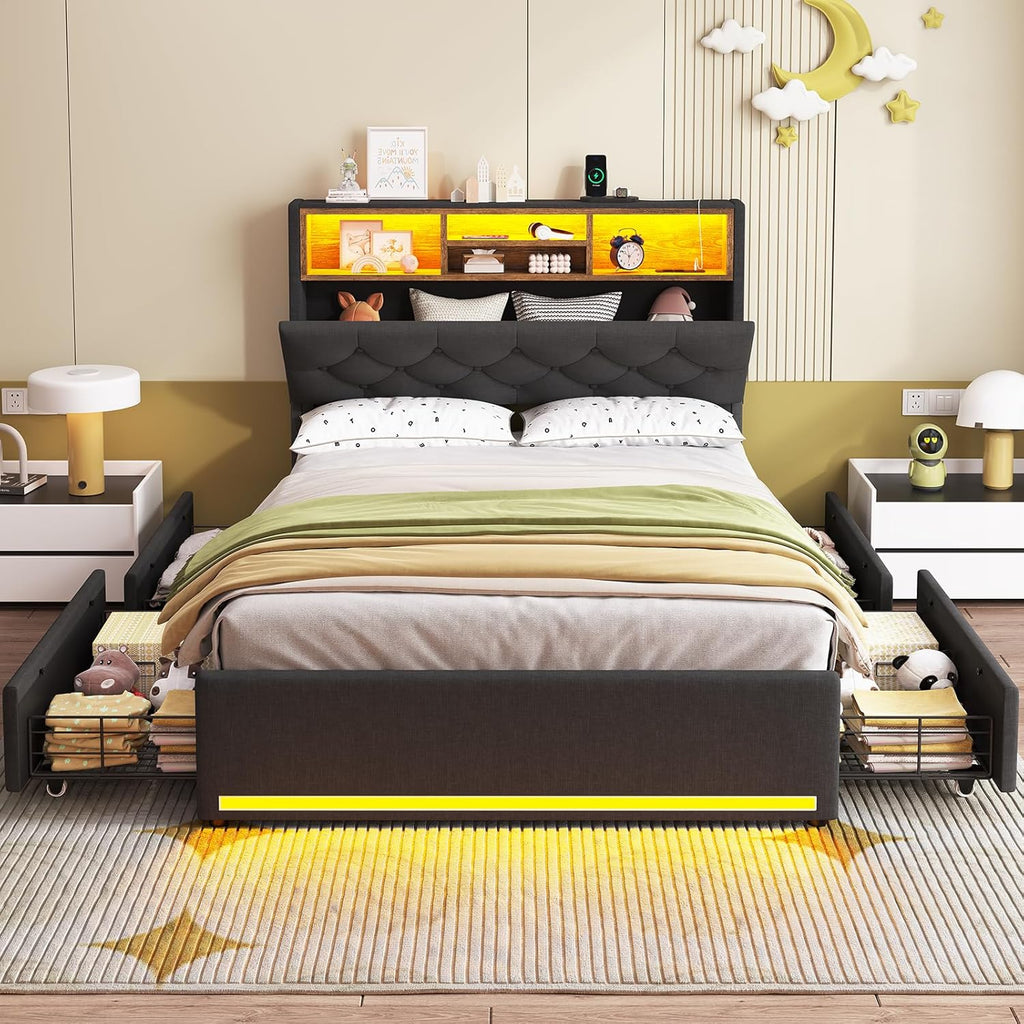 Twin Size Bed Frame with Hidden Storage Headboard and 4 Drawers, Upholstered Platform Bed Twin with LED Lights & Charging Station, No Box Spring Needed, Noise-Free, Dark Grey - Grand Goldman