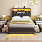 Twin Size Bed Frame with Hidden Storage Headboard and 4 Drawers, Upholstered Platform Bed Twin with LED Lights & Charging Station, No Box Spring Needed, Noise-Free, Dark Grey - Grand Goldman