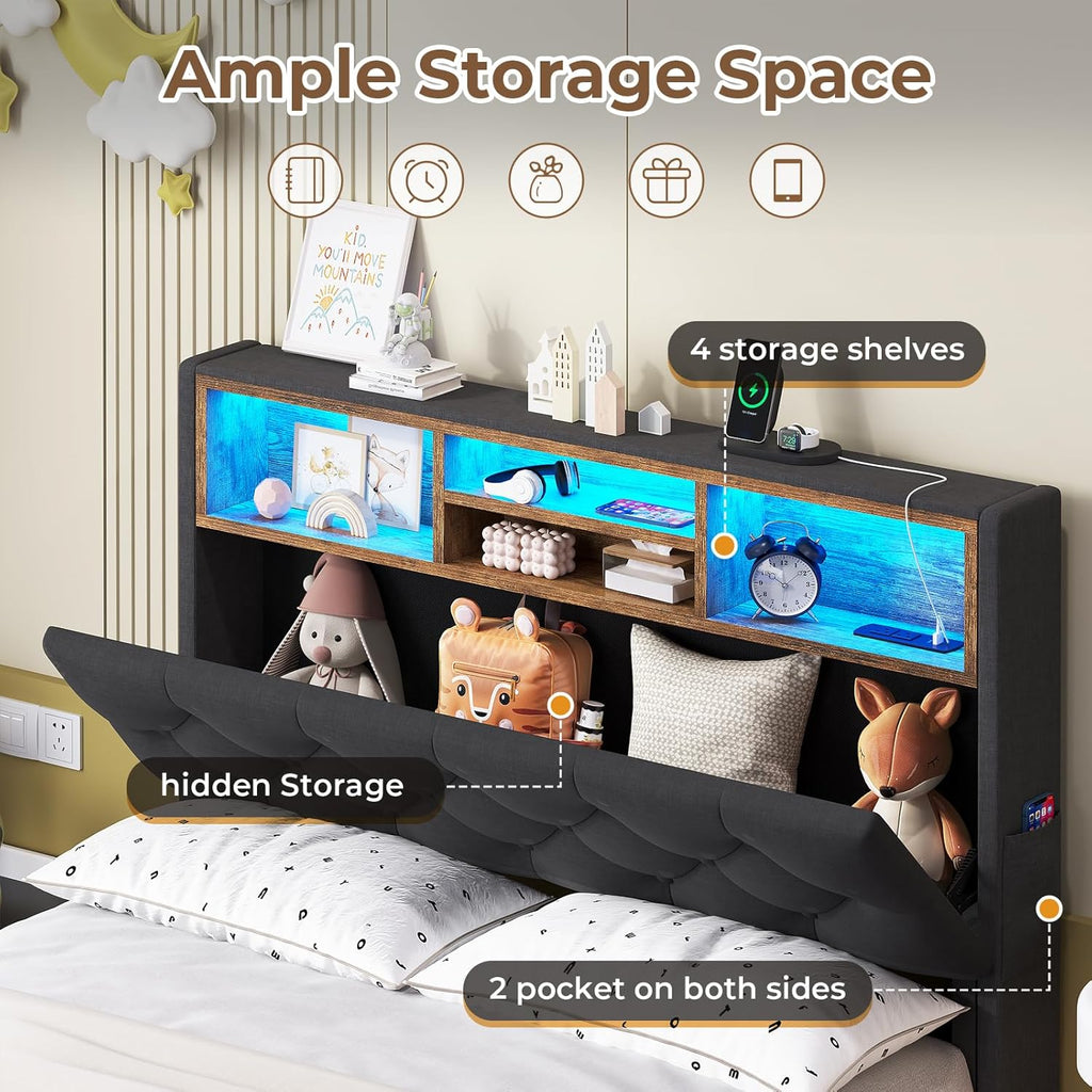 Twin Size Bed Frame with Hidden Storage Headboard and 4 Drawers, Upholstered Platform Bed Twin with LED Lights & Charging Station, No Box Spring Needed, Noise-Free, Dark Grey - Grand Goldman