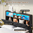 Twin Size Bed Frame with Hidden Storage Headboard and 4 Drawers, Upholstered Platform Bed Twin with LED Lights & Charging Station, No Box Spring Needed, Noise-Free, Dark Grey - Grand Goldman