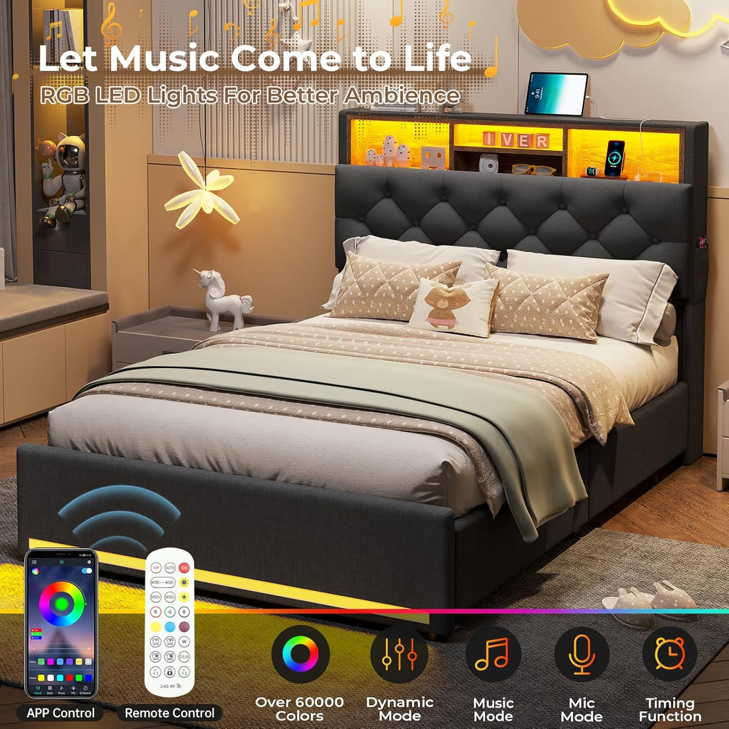 Twin Size Bed Frame with Hidden Storage Headboard and 4 Drawers, Upholstered Platform Bed Twin with LED Lights & Charging Station, No Box Spring Needed, Noise-Free, Dark Grey - Grand Goldman