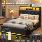 Twin Size Bed Frame with Hidden Storage Headboard and 4 Drawers, Upholstered Platform Bed Twin with LED Lights & Charging Station, No Box Spring Needed, Noise-Free, Dark Grey - Grand Goldman