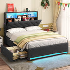 Twin Size Bed Frame with Hidden Storage Headboard and 4 Drawers, Upholstered Platform Bed Twin with LED Lights & Charging Station, No Box Spring Needed, Noise-Free, Dark Grey - Grand Goldman