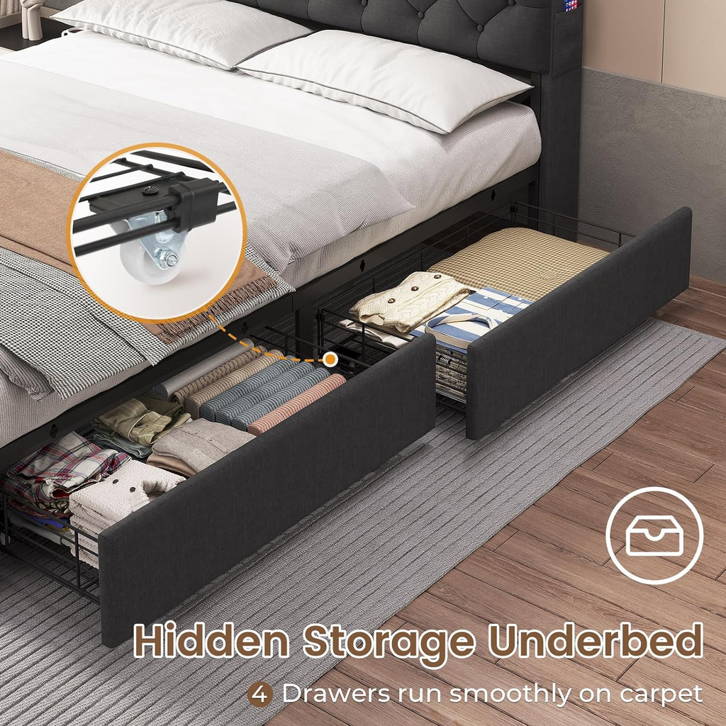 Twin Size Bed Frame with Hidden Storage Headboard and 4 Drawers, Upholstered Platform Bed Twin with LED Lights & Charging Station, No Box Spring Needed, Noise-Free, Dark Grey - Grand Goldman