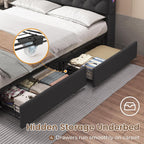 Twin Size Bed Frame with Hidden Storage Headboard and 4 Drawers, Upholstered Platform Bed Twin with LED Lights & Charging Station, No Box Spring Needed, Noise-Free, Dark Grey - Grand Goldman