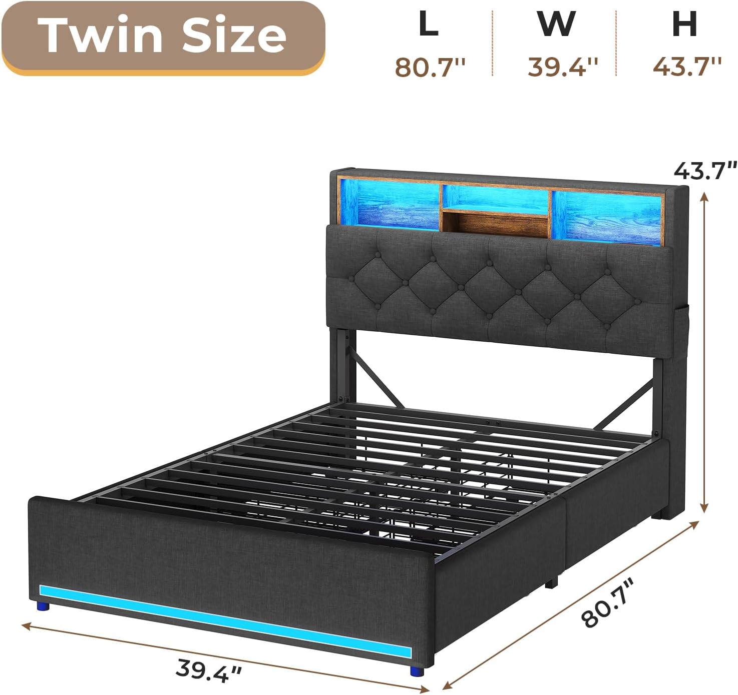 Twin Size Bed Frame with Hidden Storage Headboard and 4 Drawers, Upholstered Platform Bed Twin with LED Lights & Charging Station, No Box Spring Needed, Noise-Free, Dark Grey - Grand Goldman