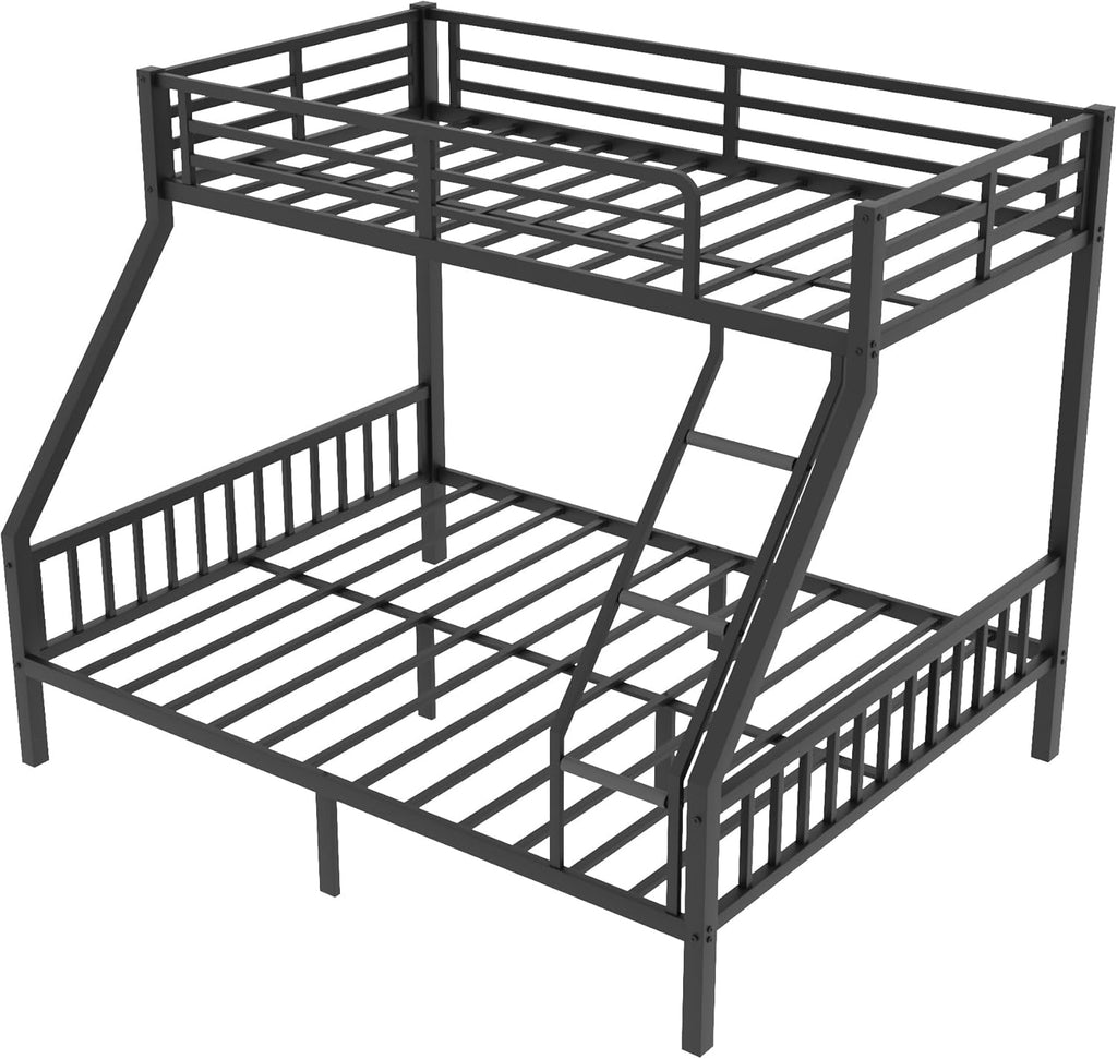 Twin XL Over Queen Bunk Bed, Heavy Duty Bunk Bed with PVC Rubber Cover Ladder and Full-Length Guardrails, Metal Queen Bed Frame with Slats Support for Adults, Teens, Kids, Black - Grand Goldman