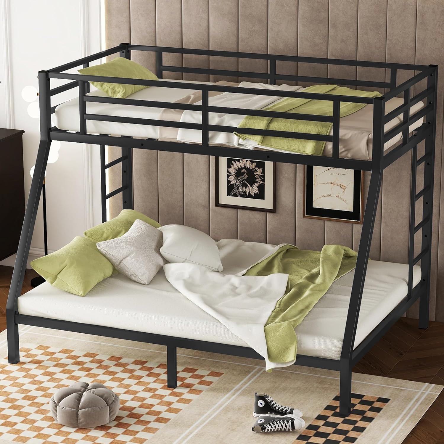 Twin XL Over Queen Bunk Bed for Adults, Twin XL Over Queen Bunk Beds with 2 Ladder and Full Length Guardrail, Heavy Buty Bunk Bed/Twin XL Over Queen Bunk Bed for Adults, Teens, Kids - Grand Goldman