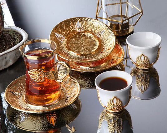 Arabic Coffee Turkish Tea Set Gold Color 18 Pieces for 6 Users from Turkey Luxurious Design Premium Quality Free Shipping