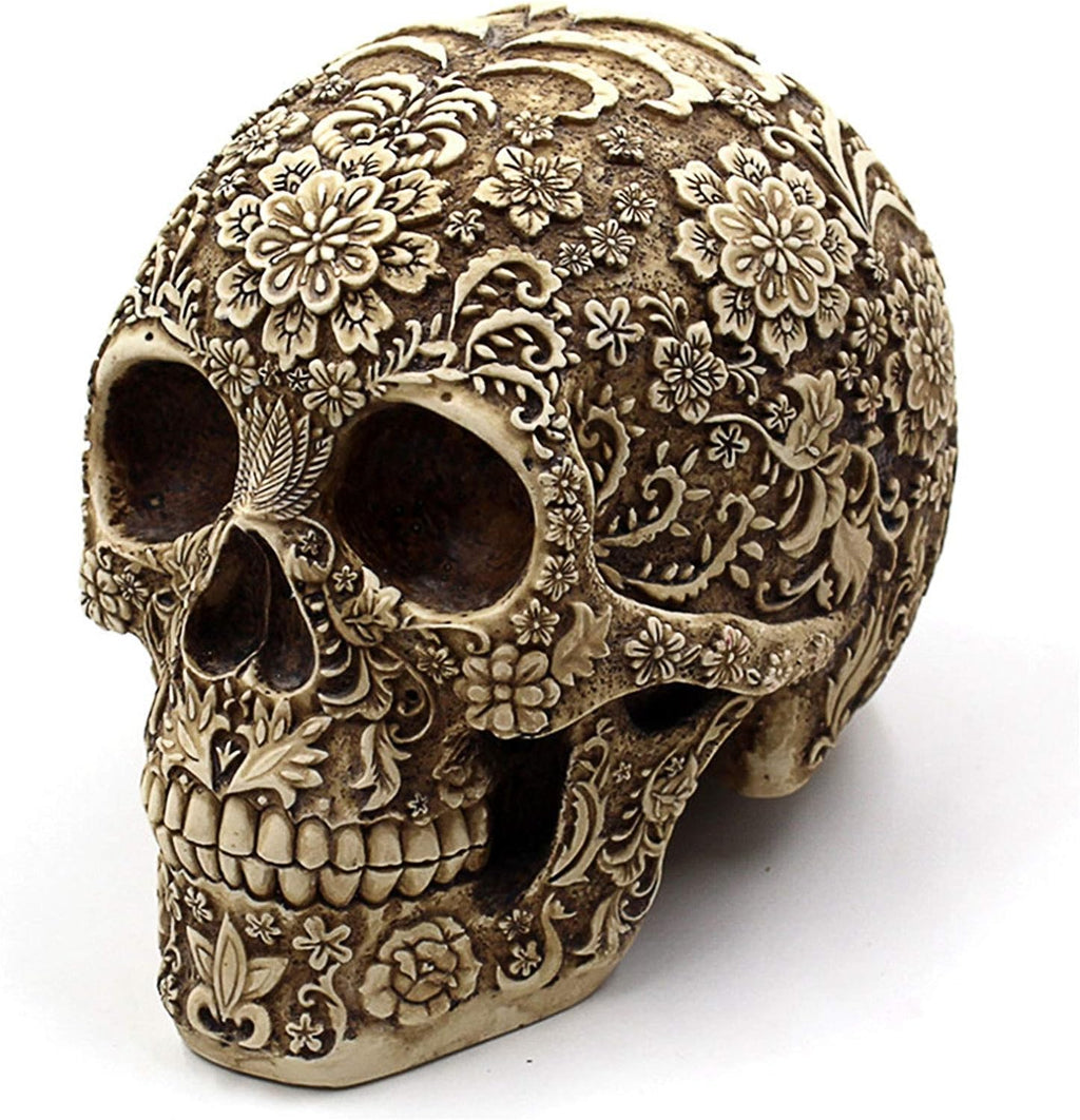 UJOY Creative Skull Flowers Sculpture 8.1'' Human Head Skeleton Statue Collectible Halloween Decoration Home Decor - Grand Goldman
