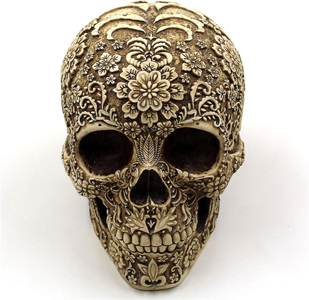 UJOY Creative Skull Flowers Sculpture 8.1'' Human Head Skeleton Statue Collectible Halloween Decoration Home Decor - Grand Goldman