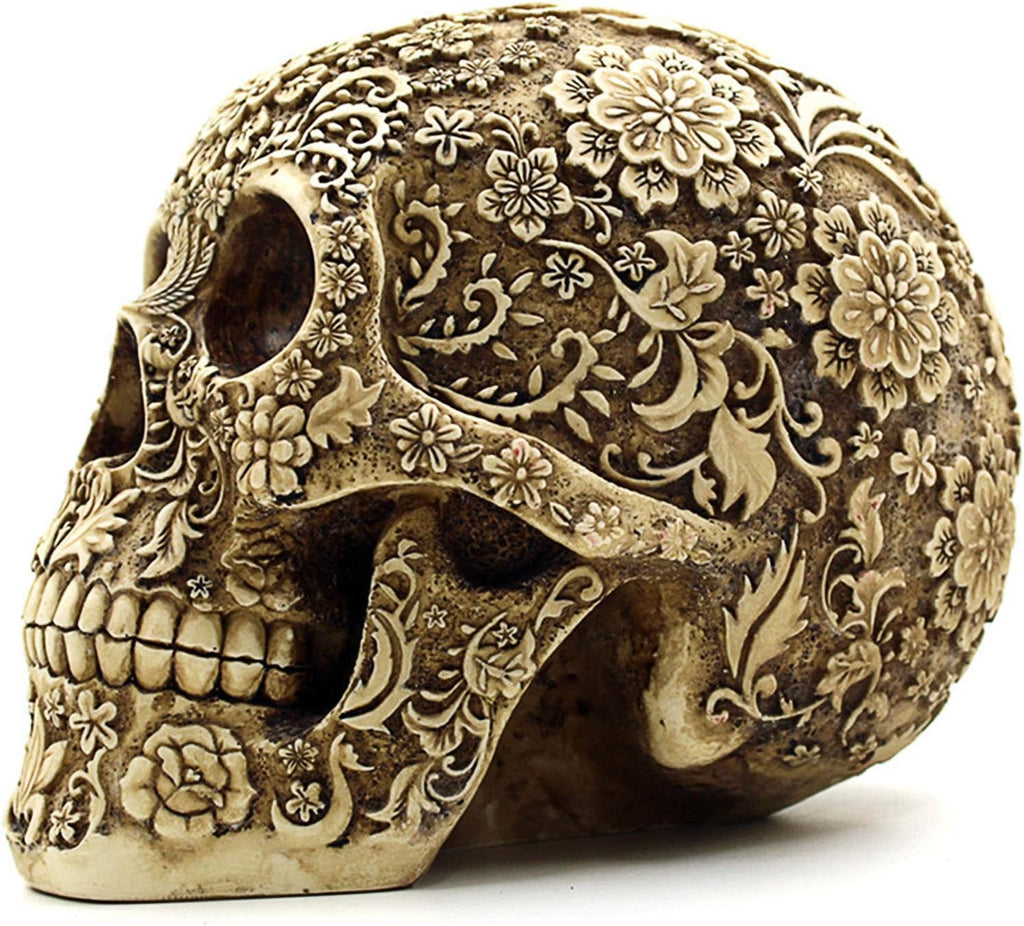 UJOY Creative Skull Flowers Sculpture 8.1'' Human Head Skeleton Statue Collectible Halloween Decoration Home Decor - Grand Goldman