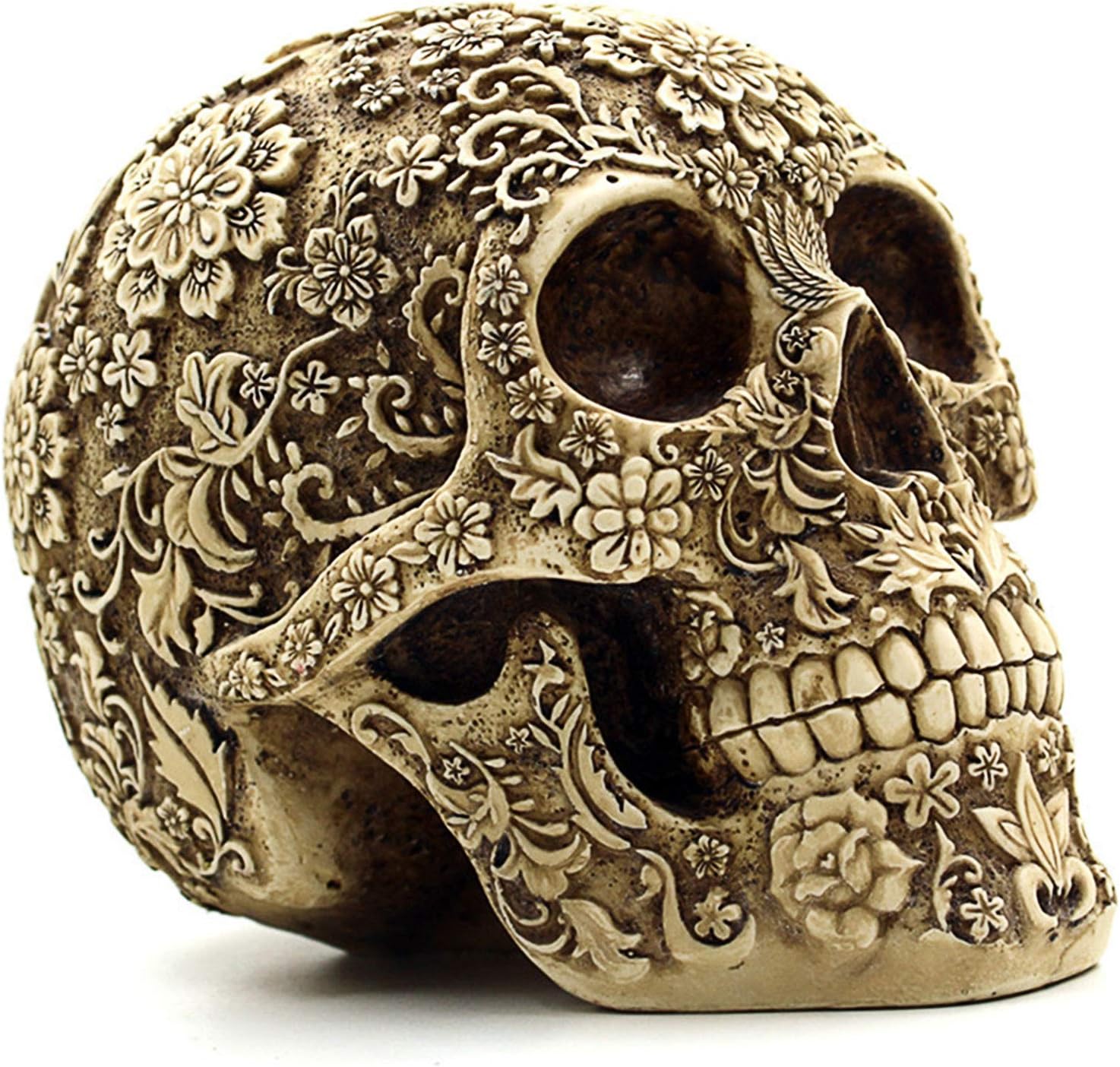 UJOY Creative Skull Flowers Sculpture 8.1'' Human Head Skeleton Statue Collectible Halloween Decoration Home Decor - Grand Goldman
