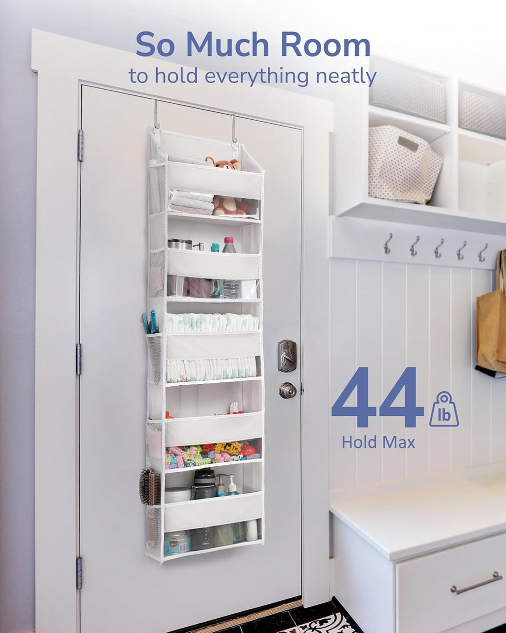 ULG 1-Pack Over Door Organizer with 5 Large Pockets 10 Mesh Side Pockets, 44 lbs Weight Capacity Hanging Storage Organizer with Clear Window for Bedroom Bathroom Kitchen, RV, Camper, Beige - Grand Goldman