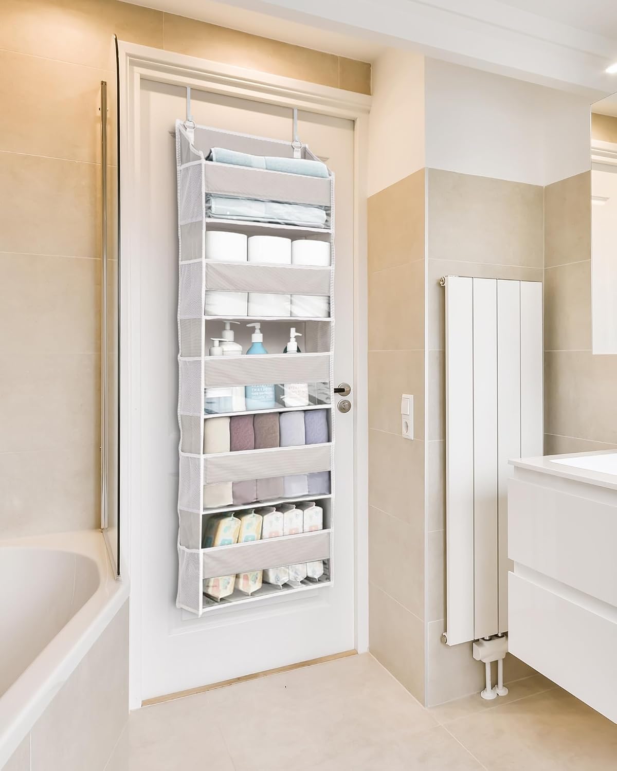 ULG 1-Pack Over Door Organizer with 5 Large Pockets 10 Mesh Side Pockets, 44 lbs Weight Capacity Hanging Storage Organizer with Clear Window for Bedroom Bathroom Kitchen, RV, Camper, Beige - Grand Goldman