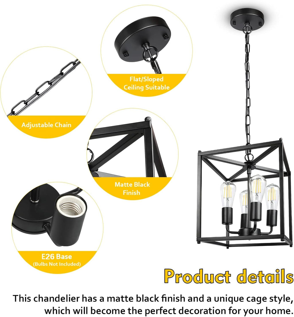 Unicozin 4-Light Black Farmhouse Chandelier, Iron Lantern Pendant Light Rustic Cage Adjustable Height, E26 Base Industrial Hanging Lights for Kitchen Island Dining Room Hallway Foyer Entryway - Grand Goldman