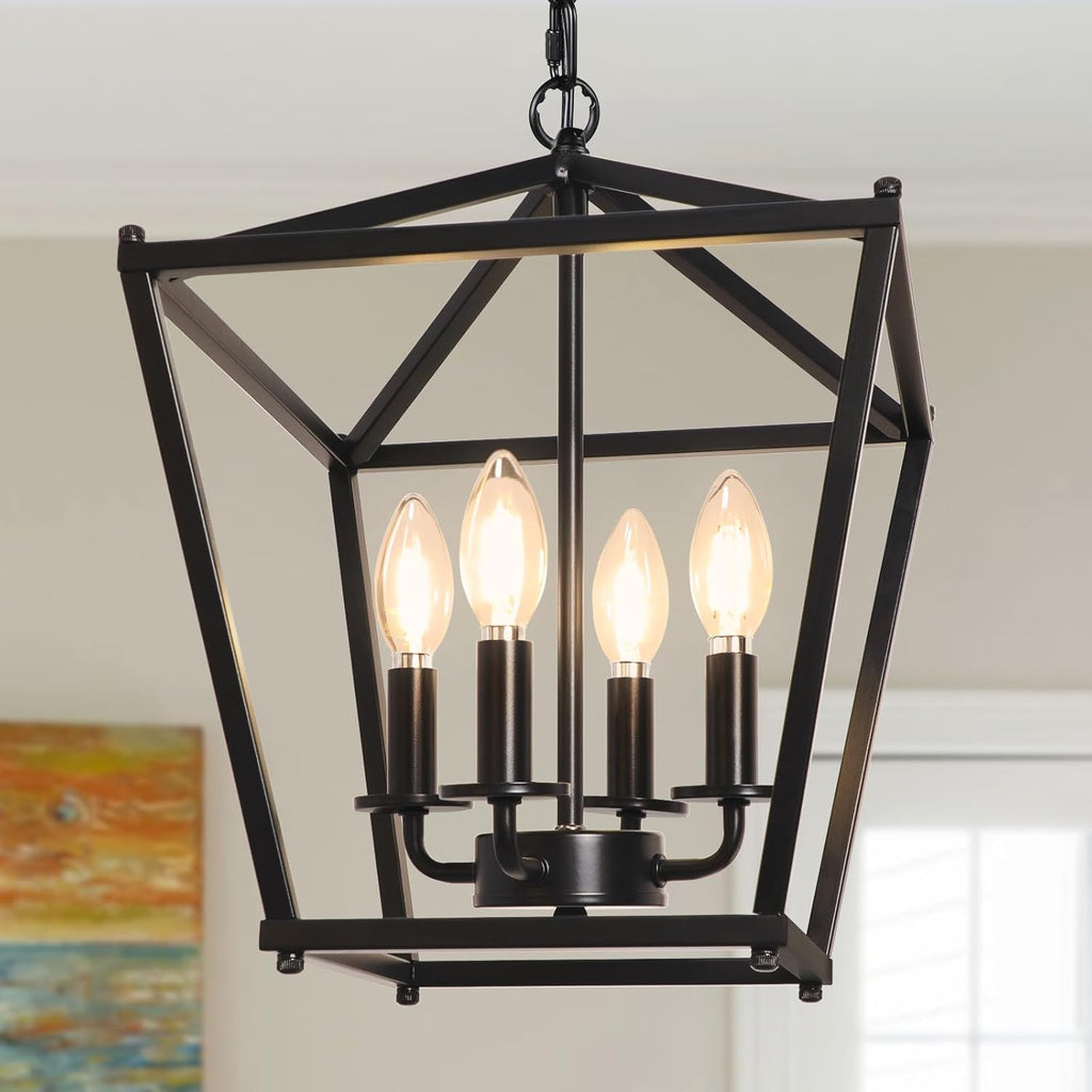 Unicozin 4-Light Black Farmhouse Chandelier, Iron Lantern Pendant Light Rustic Cage Adjustable Height, E26 Base Industrial Hanging Lights for Kitchen Island Dining Room Hallway Foyer Entryway - Grand Goldman