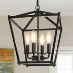Unicozin 4-Light Black Farmhouse Chandelier, Iron Lantern Pendant Light Rustic Cage Adjustable Height, E26 Base Industrial Hanging Lights for Kitchen Island Dining Room Hallway Foyer Entryway - Grand Goldman