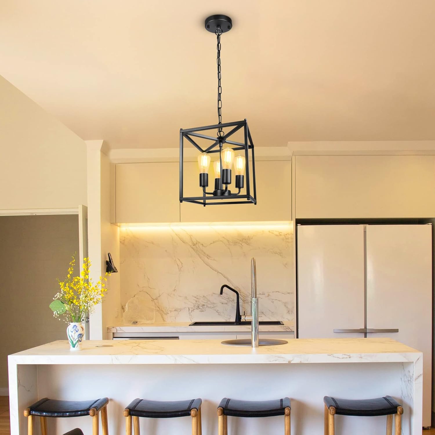 Unicozin 4-Light Black Farmhouse Chandelier, Iron Lantern Pendant Light Rustic Cage Adjustable Height, E26 Base Industrial Hanging Lights for Kitchen Island Dining Room Hallway Foyer Entryway - Grand Goldman