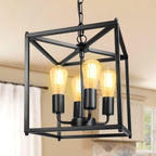 Unicozin 4-Light Black Farmhouse Chandelier, Iron Lantern Pendant Light Rustic Cage Adjustable Height, E26 Base Industrial Hanging Lights for Kitchen Island Dining Room Hallway Foyer Entryway - Grand Goldman