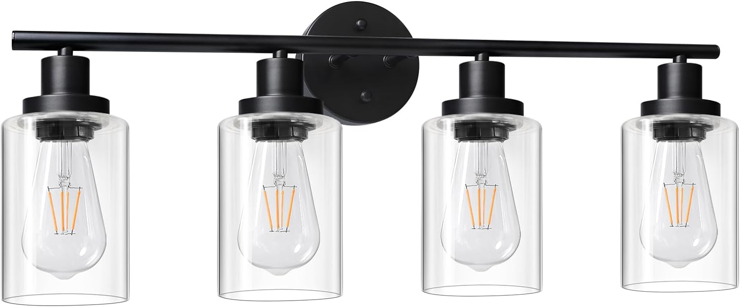 Unicozin Modern Bathroom Light Fixtures, 3 Light Vanity Lights, Black Wall Lamp with Clear Glass for Bathroom, Mirror, Living Room, Bedroom, Hallway, E26 Base - Grand Goldman