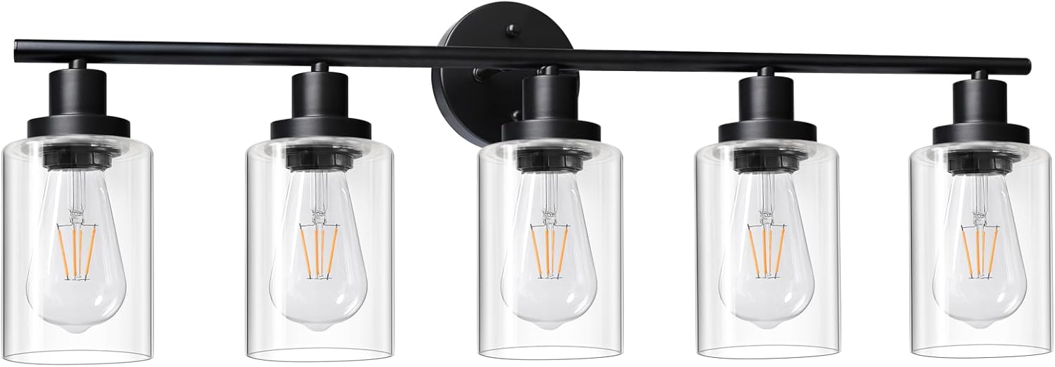 Unicozin Modern Bathroom Light Fixtures, 3 Light Vanity Lights, Black Wall Lamp with Clear Glass for Bathroom, Mirror, Living Room, Bedroom, Hallway, E26 Base - Grand Goldman