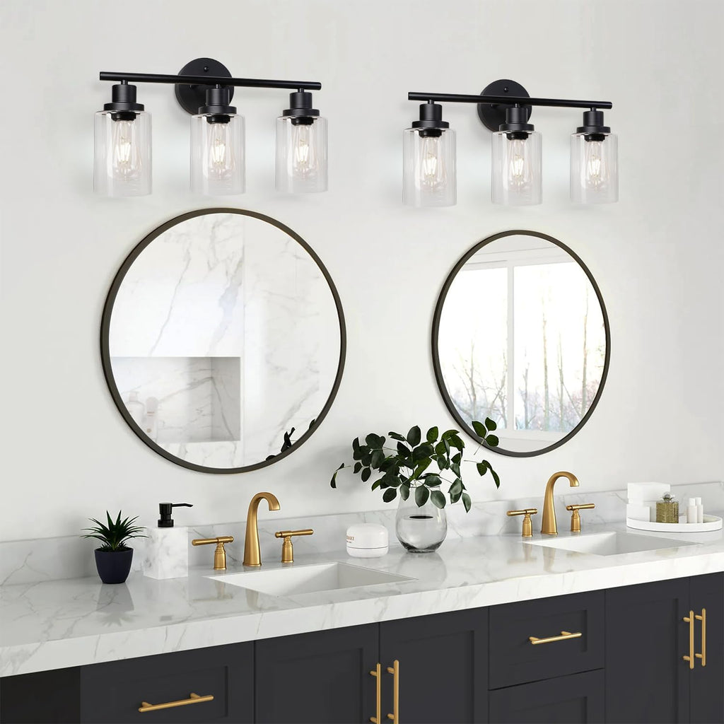 Unicozin Modern Bathroom Light Fixtures, 3 Light Vanity Lights, Black Wall Lamp with Clear Glass for Bathroom, Mirror, Living Room, Bedroom, Hallway, E26 Base - Grand Goldman