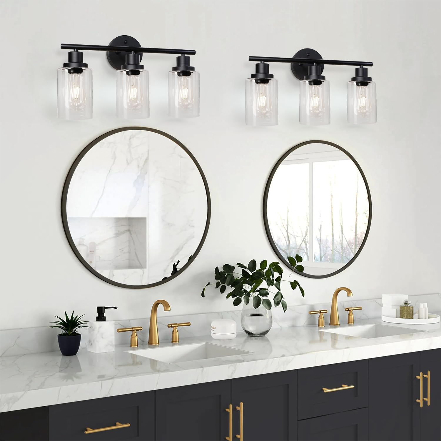 Unicozin Modern Bathroom Light Fixtures, 3 Light Vanity Lights, Black Wall Lamp with Clear Glass for Bathroom, Mirror, Living Room, Bedroom, Hallway, E26 Base - Grand Goldman