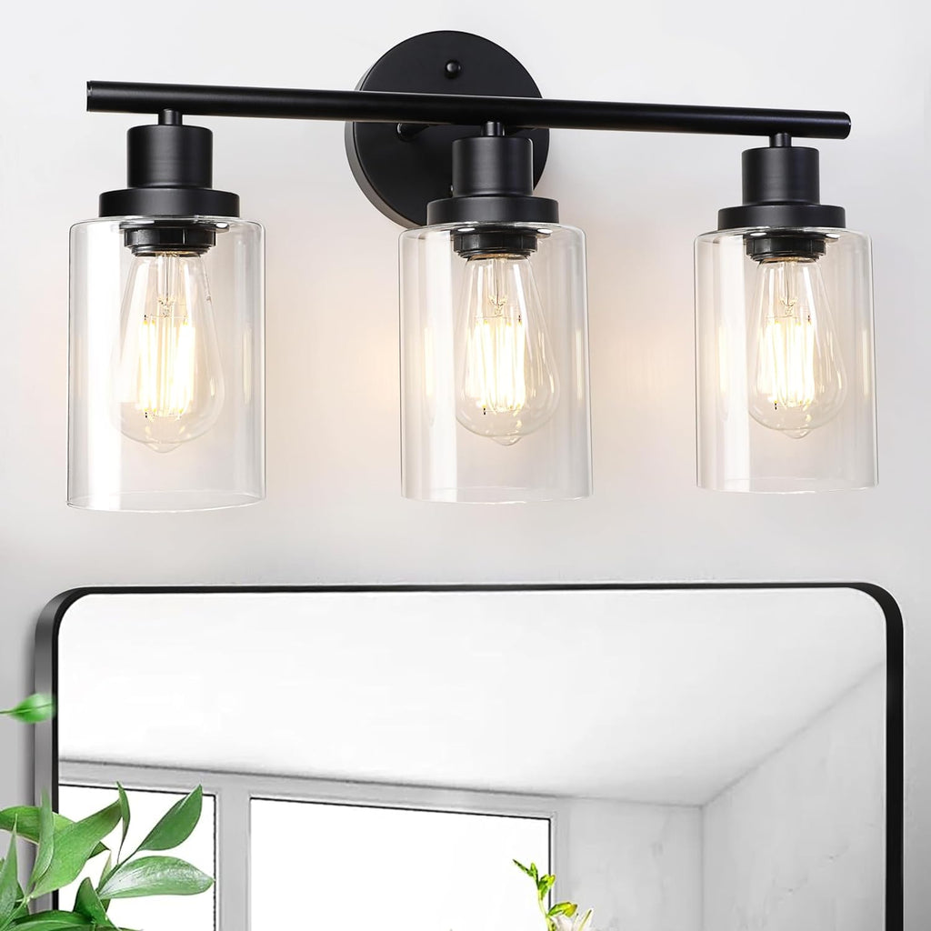 Unicozin Modern Bathroom Light Fixtures, 3 Light Vanity Lights, Black Wall Lamp with Clear Glass for Bathroom, Mirror, Living Room, Bedroom, Hallway, E26 Base - Grand Goldman