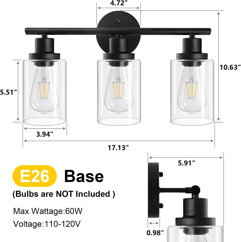 Unicozin Modern Bathroom Light Fixtures, 3 Light Vanity Lights, Black Wall Lamp with Clear Glass for Bathroom, Mirror, Living Room, Bedroom, Hallway, E26 Base - Grand Goldman