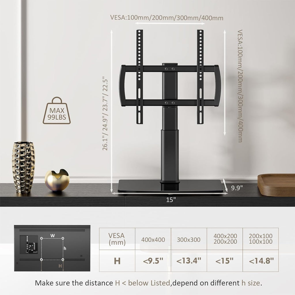 Universal Swivel/Table Top TV Stand 27 to 60 inch TVs 80 Degree Swivel, 4 Level Height Adjustable, Heavy Duty Tempered Glass Base, Holds up to 99lbs Screens, HT04B-001 - Grand Goldman