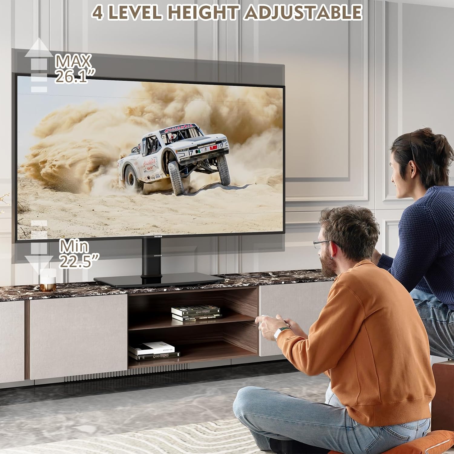 Universal Swivel/Table Top TV Stand 27 to 60 inch TVs 80 Degree Swivel, 4 Level Height Adjustable, Heavy Duty Tempered Glass Base, Holds up to 99lbs Screens, HT04B-001 - Grand Goldman