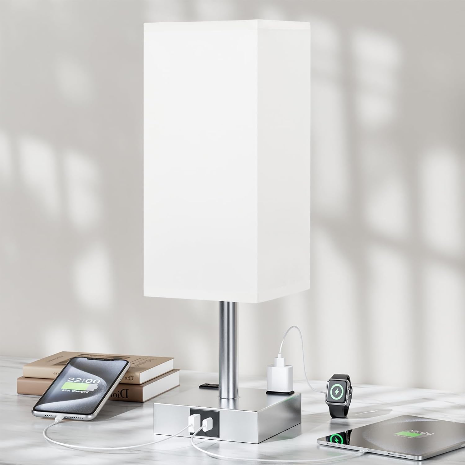 【Upgraded】Bedside Table Lamp Touch Control, with USB C+A Charging Ports & Dual AC Outlets, 3-Way Nightstand Lamp for Bedroom with LampShade Living Room Office(LED Dimmable Bulb Included) - Grand Goldman