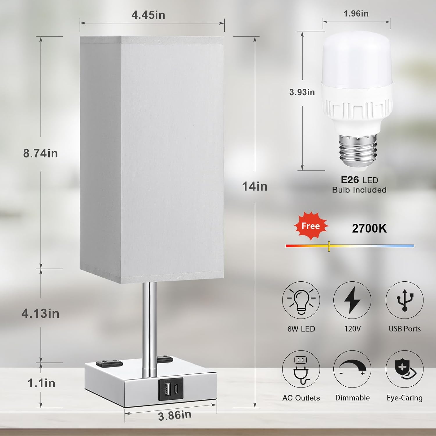 【Upgraded】Bedside Table Lamp Touch Control, with USB C+A Charging Ports & Dual AC Outlets, 3-Way Nightstand Lamp for Bedroom with LampShade Living Room Office(LED Dimmable Bulb Included) - Grand Goldman