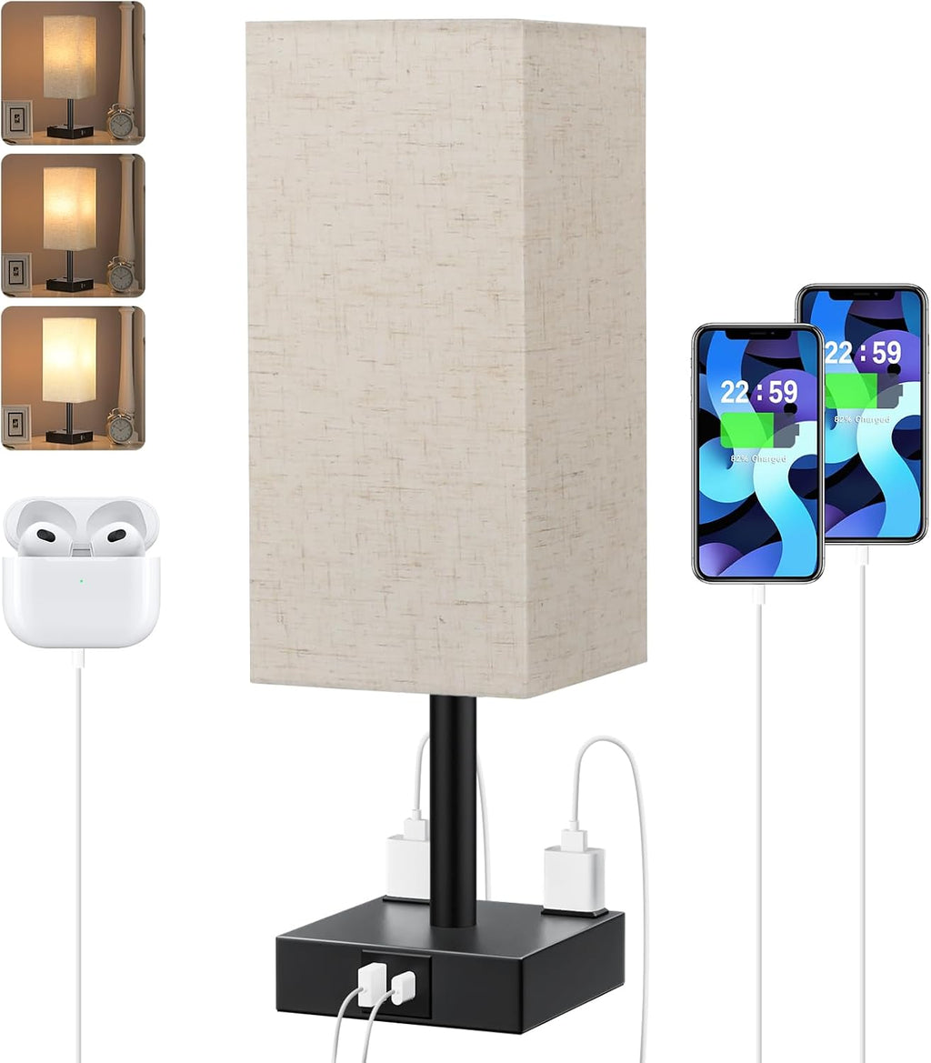 【Upgraded】Bedside Table Lamp Touch Control, with USB C+A Charging Ports & Dual AC Outlets, 3-Way Nightstand Lamp for Bedroom with LampShade Living Room Office(LED Dimmable Bulb Included) - Grand Goldman