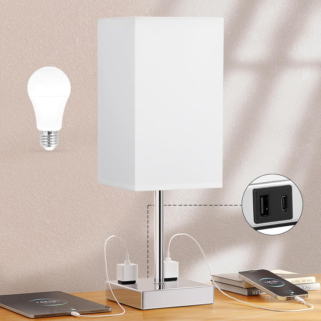【Upgraded】Bedside Table Lamp Touch Control, with USB C+A Charging Ports & Dual AC Outlets, 3-Way Nightstand Lamp for Bedroom with LampShade Living Room Office(LED Dimmable Bulb Included) - Grand Goldman