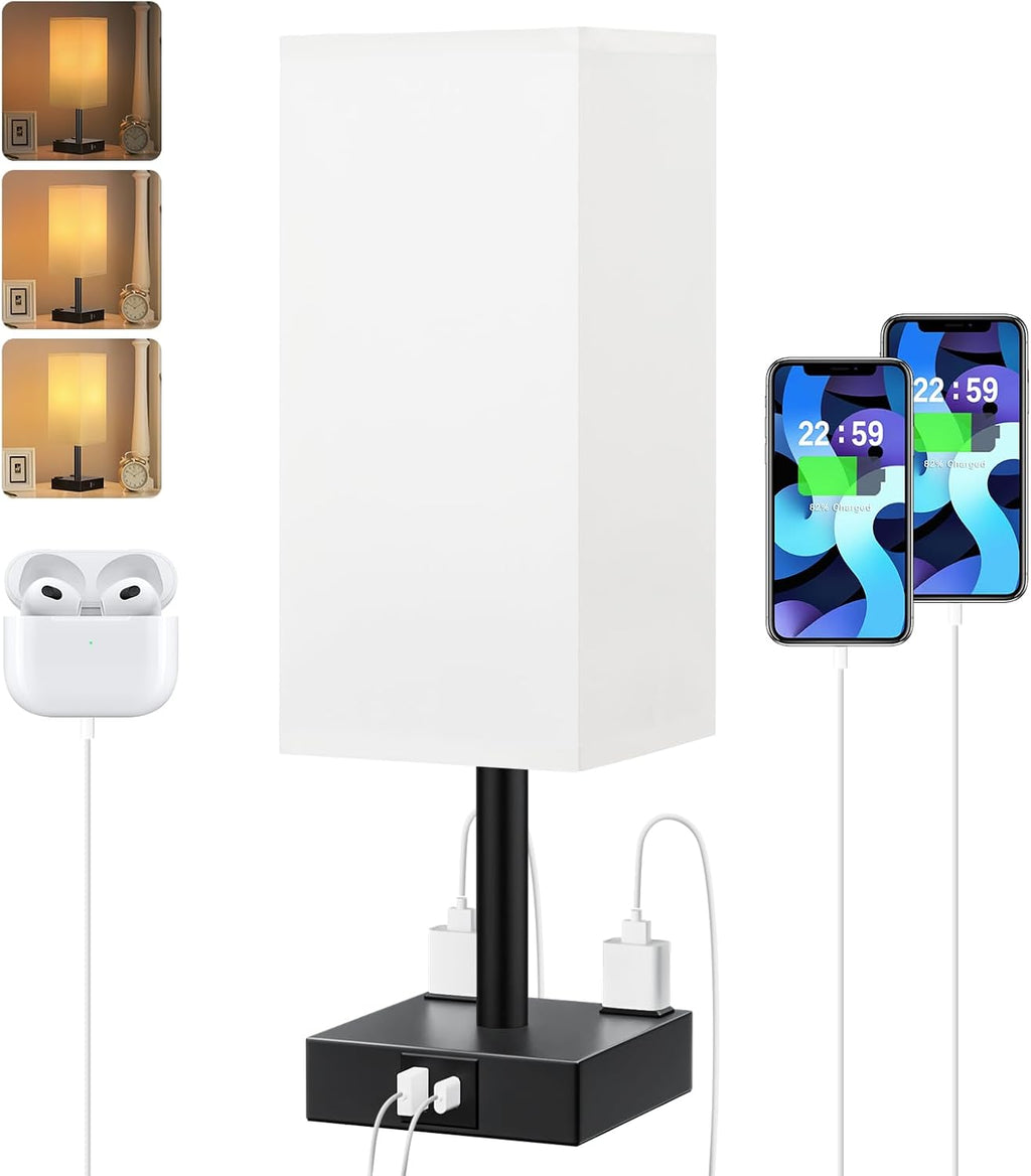 【Upgraded】Bedside Table Lamp Touch Control, with USB C+A Charging Ports & Dual AC Outlets, 3-Way Nightstand Lamp for Bedroom with LampShade Living Room Office(LED Dimmable Bulb Included) - Grand Goldman