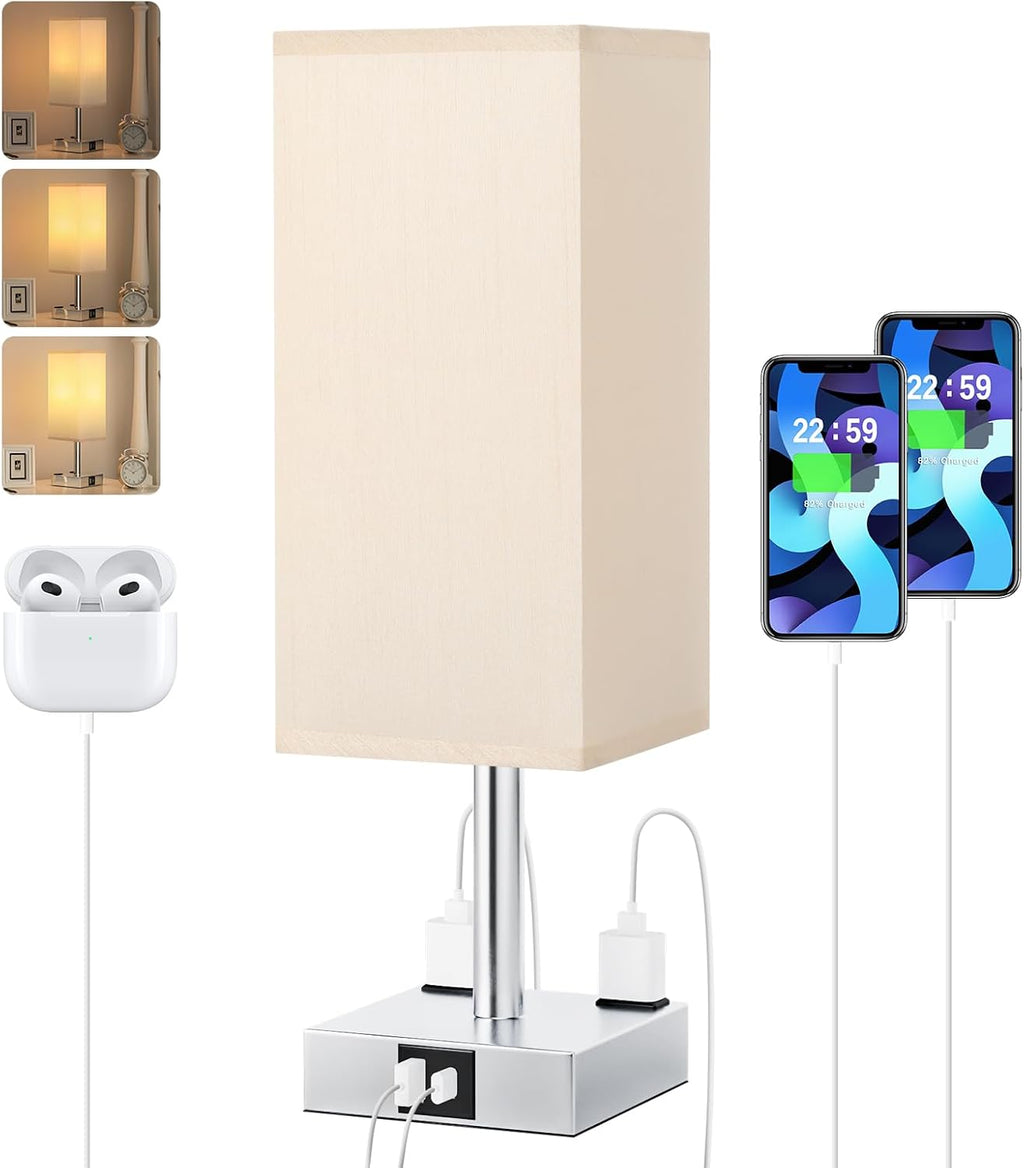 【Upgraded】Bedside Table Lamp Touch Control, with USB C+A Charging Ports & Dual AC Outlets, 3-Way Nightstand Lamp for Bedroom with LampShade Living Room Office(LED Dimmable Bulb Included) - Grand Goldman