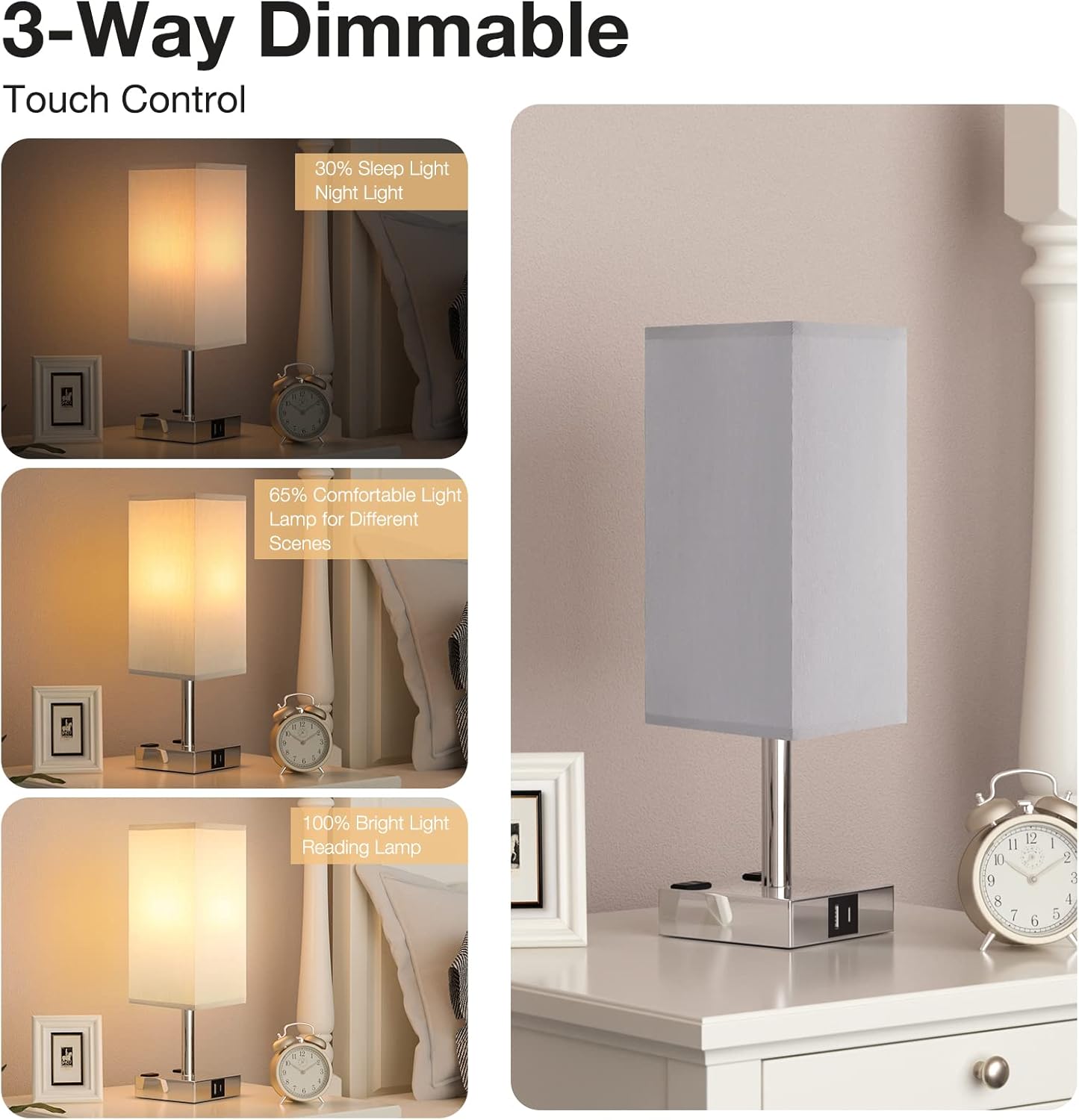 【Upgraded】Bedside Table Lamp Touch Control, with USB C+A Charging Ports & Dual AC Outlets, 3-Way Nightstand Lamp for Bedroom with LampShade Living Room Office(LED Dimmable Bulb Included) - Grand Goldman