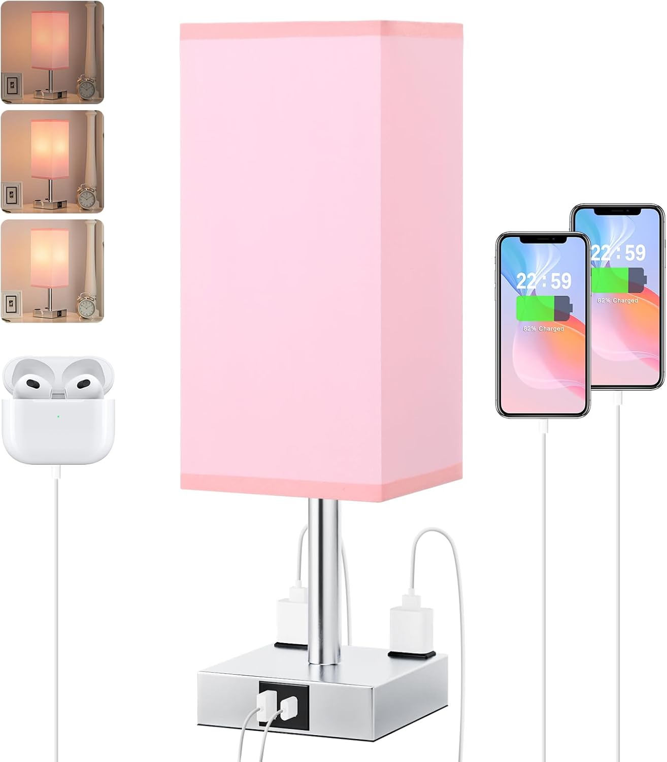 【Upgraded】Bedside Table Lamp Touch Control, with USB C+A Charging Ports & Dual AC Outlets, 3-Way Nightstand Lamp for Bedroom with LampShade Living Room Office(LED Dimmable Bulb Included) - Grand Goldman