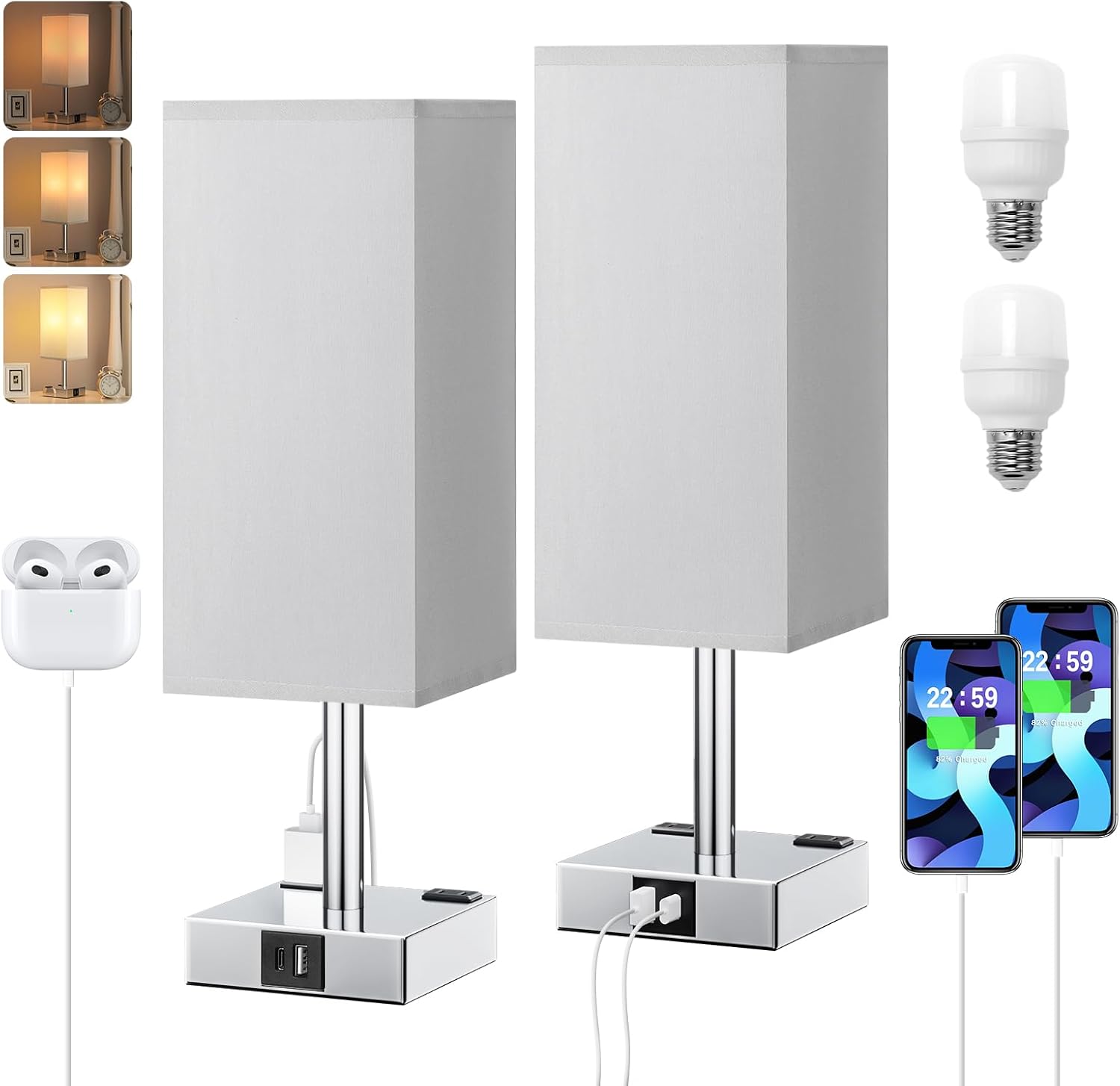 【Upgraded】Bedside Table Lamp Touch Control, with USB C+A Charging Ports & Dual AC Outlets, 3-Way Nightstand Lamp for Bedroom with LampShade Living Room Office(LED Dimmable Bulb Included) - Grand Goldman