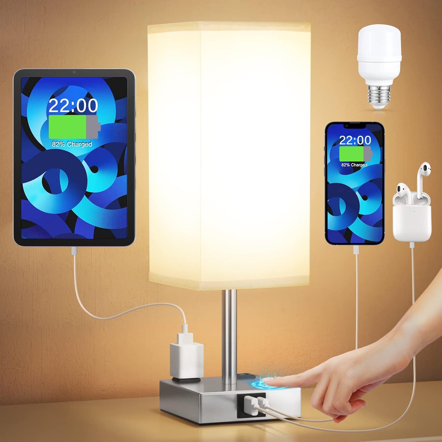 【Upgraded】Bedside Table Lamp Touch Control, with USB C+A Charging Ports & Dual AC Outlets, 3-Way Nightstand Lamp for Bedroom with LampShade Living Room Office(LED Dimmable Bulb Included) - Grand Goldman