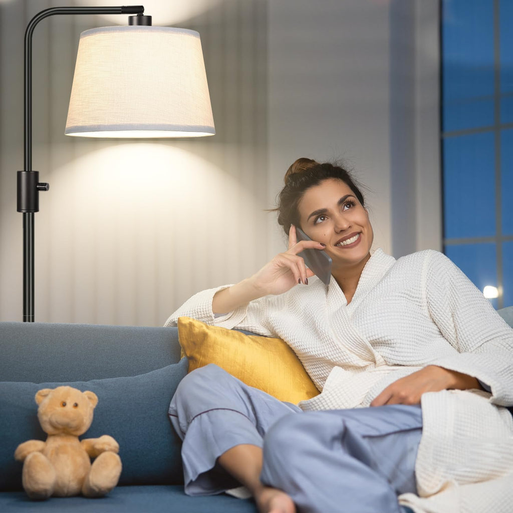 【Upgraded】 Dimmable Floor Lamp, 1000 Lumens LED Edison Bulb Included, Arc Floor Lamps for Living Room Modern Standing Lamp with Linen Shade, Tall Lamp for Bedroom Office Dining Room- Black - Grand Goldman