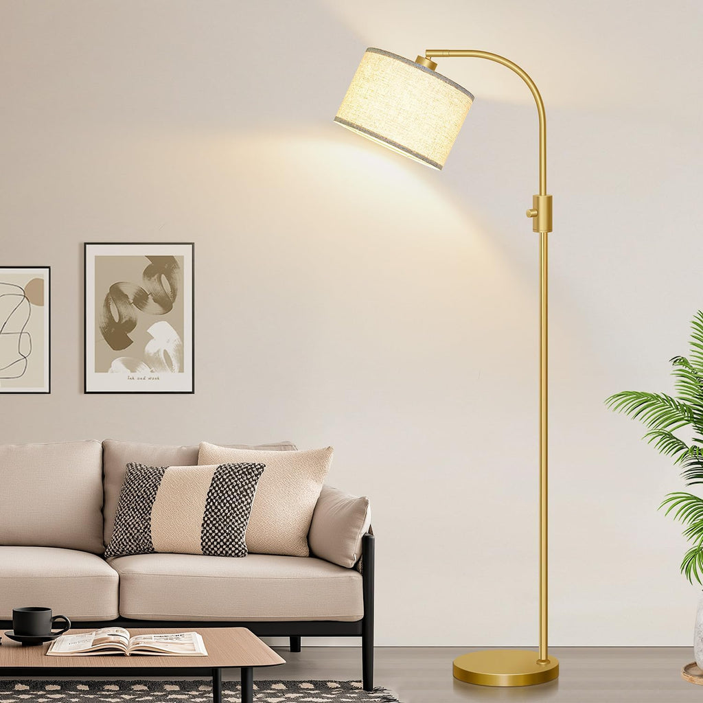 【Upgraded】 Dimmable Gold Floor Lamp, 1200 Lumens LED Bulb Included, Arc Floor Lamps for Living Room Modern Standing Lamp with Linen Shade, Tall Lamp for Living Room Bedroom Office Reading Room Nursery - Grand Goldman