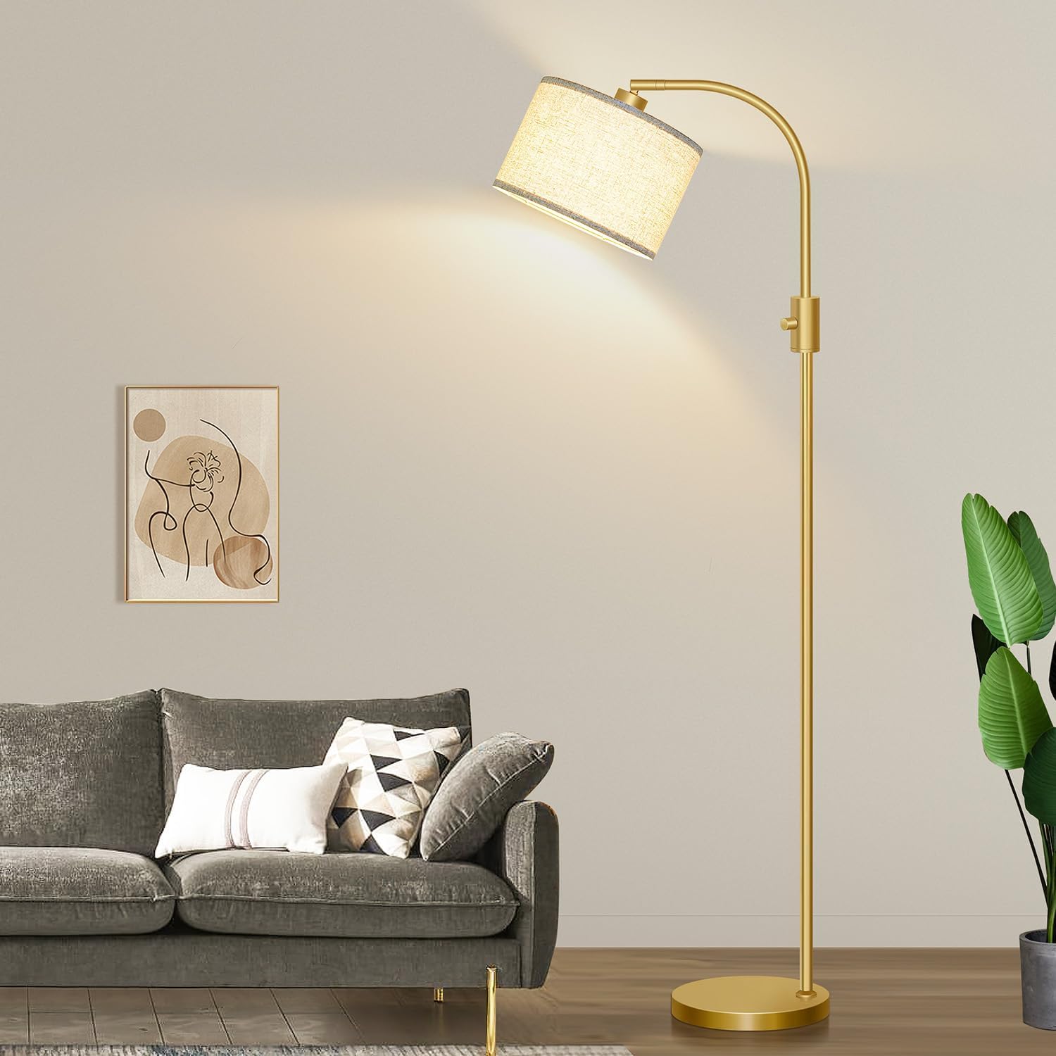 【Upgraded】 Dimmable Gold Floor Lamp, 1200 Lumens LED Bulb Included, Arc Floor Lamps for Living Room Modern Standing Lamp with Linen Shade, Tall Lamp for Living Room Bedroom Office Reading Room Nursery - Grand Goldman