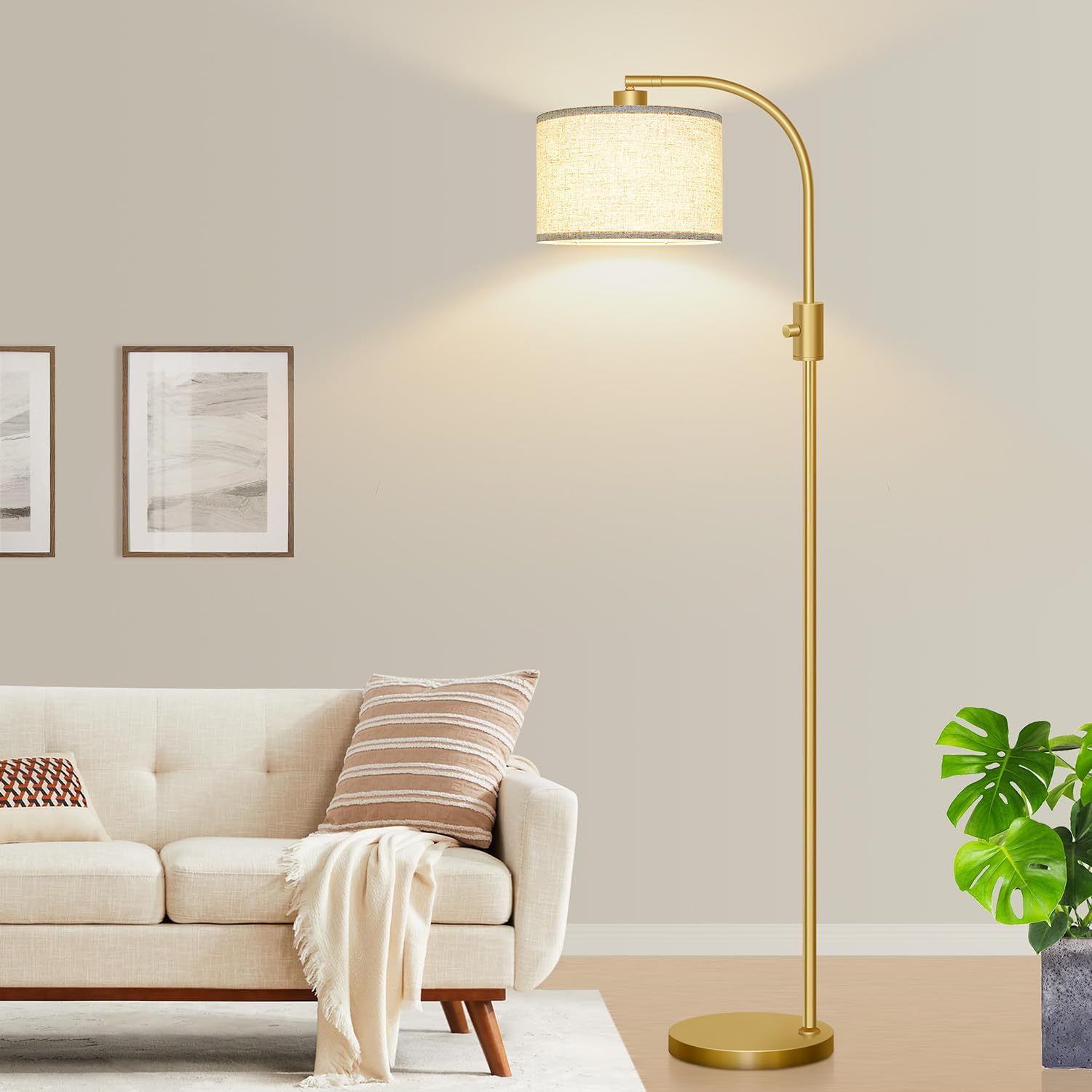 【Upgraded】 Dimmable Gold Floor Lamp, 1200 Lumens LED Bulb Included, Arc Floor Lamps for Living Room Modern Standing Lamp with Linen Shade, Tall Lamp for Living Room Bedroom Office Reading Room Nursery - Grand Goldman
