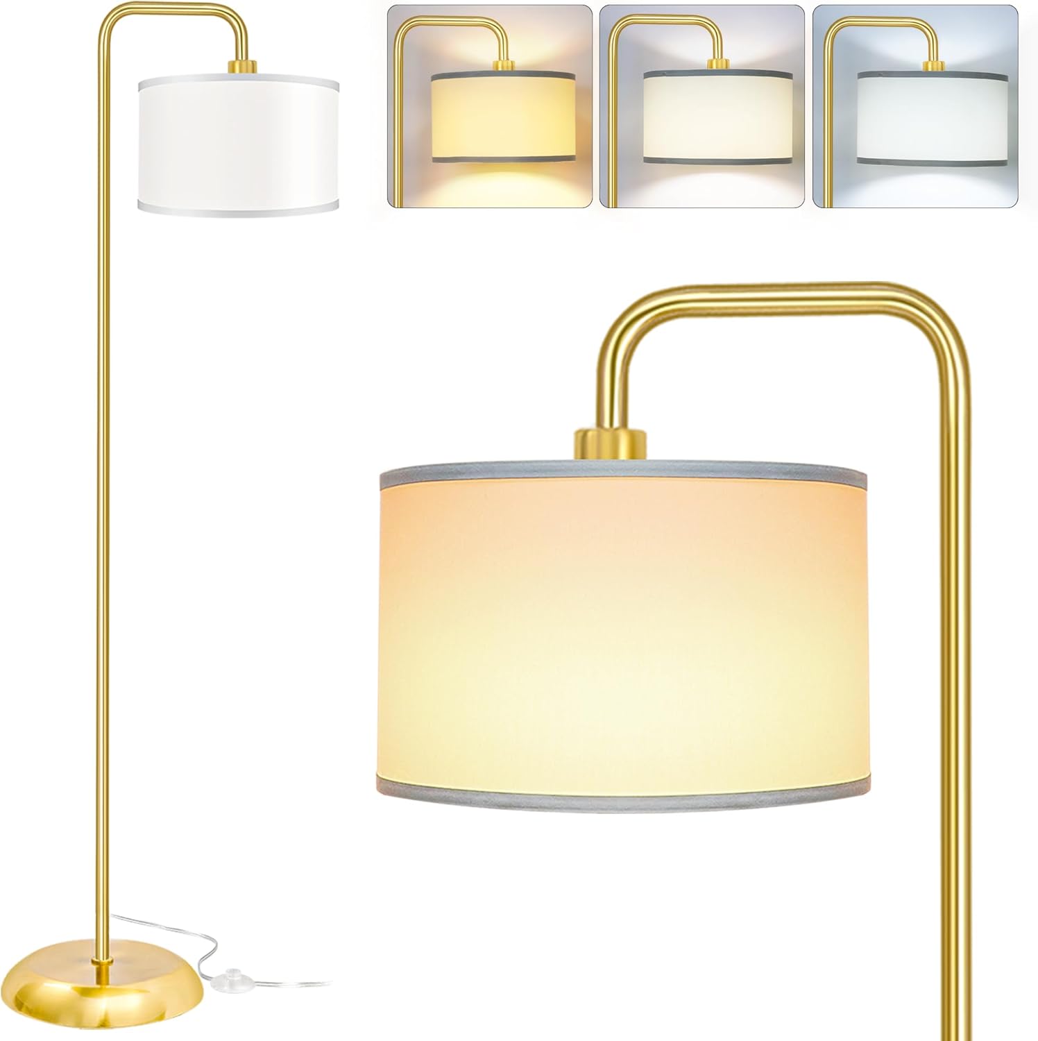 [Upgraded] LED Floor Lamp for Living Room, 3 Color Temperature Floor Lamp with Foot Switch Modern Standing Lamp Tall Pole Floor Reading Lamp for Bedroom, Study Room, Office, 9W Bulb Included, Gold - Grand Goldman