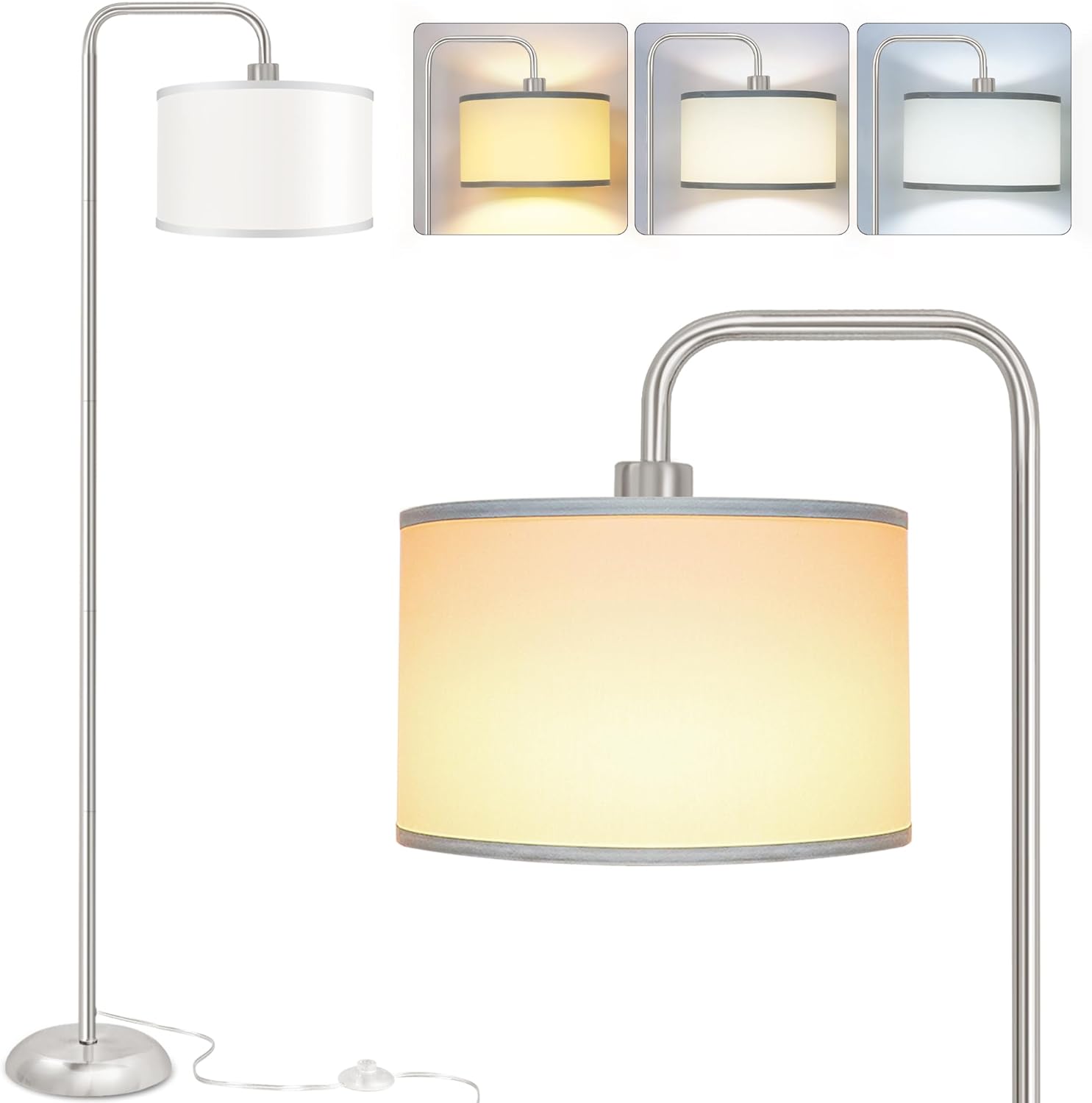 [Upgraded] LED Floor Lamp for Living Room, 3 Color Temperature Floor Lamp with Foot Switch Modern Standing Lamp Tall Pole Floor Reading Lamp for Bedroom, Study Room, Office, 9W Bulb Included, Gold - Grand Goldman