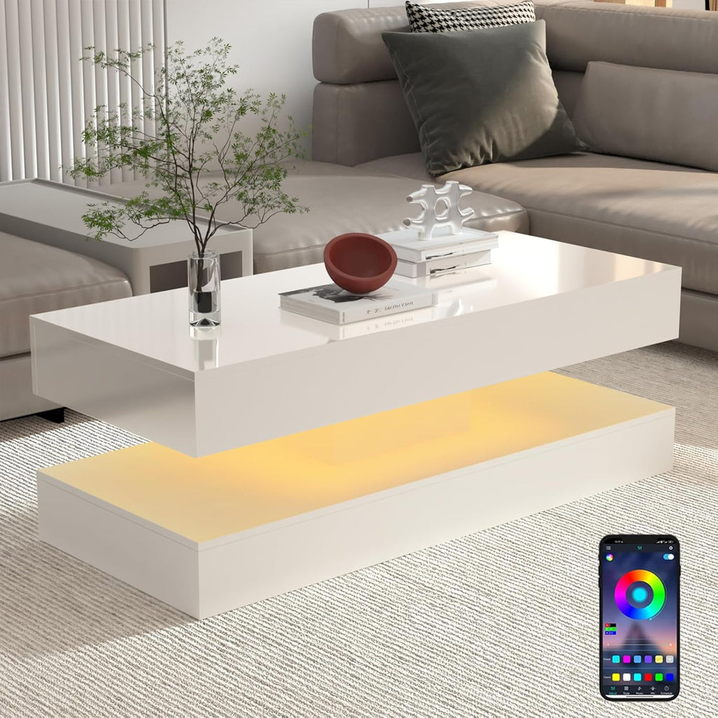 Uspeedy 47.3IN High Glossy LED Coffee Table,APP LED Lights,Black/White, Modern Furniture for Living Room (White) - Grand Goldman